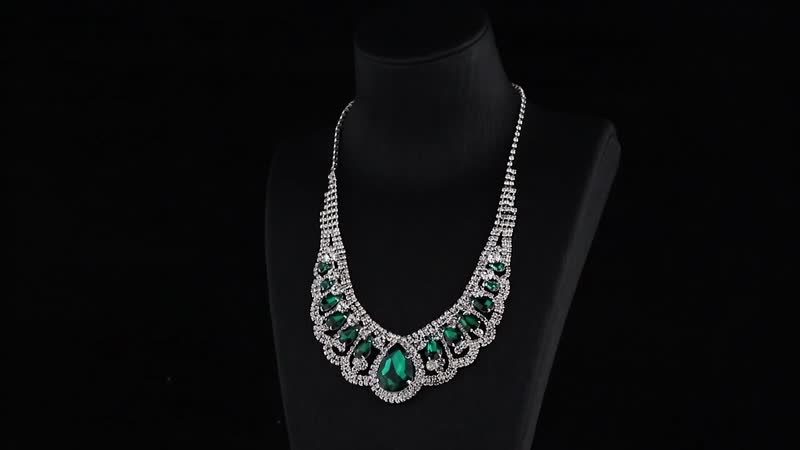 Simulated Green Sapphire and Austrian Crystal Earrings and Necklace 22 Inches in Silvertone