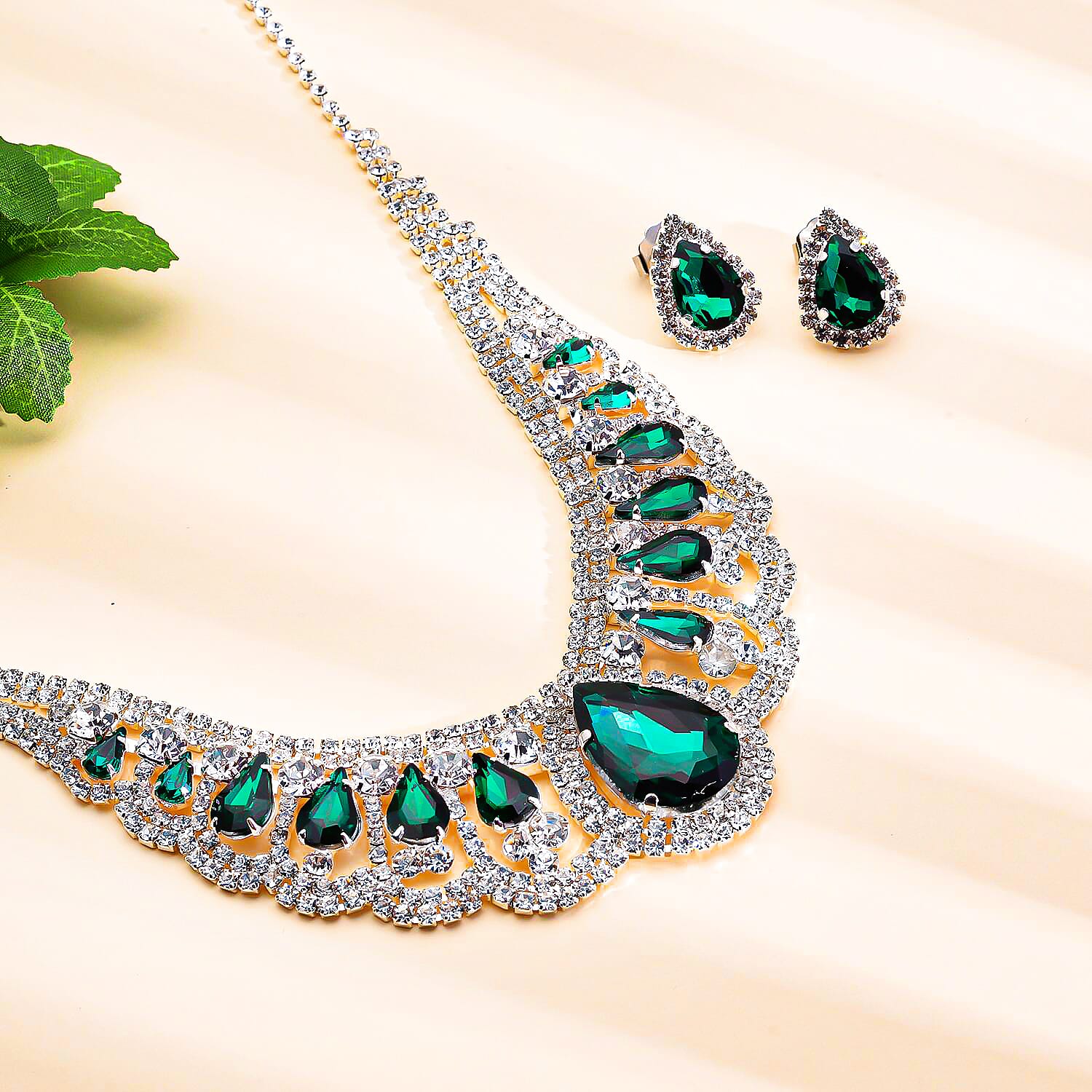 Simulated Green Sapphire and Austrian Crystal Earrings and Necklace 22 Inches in Silvertone