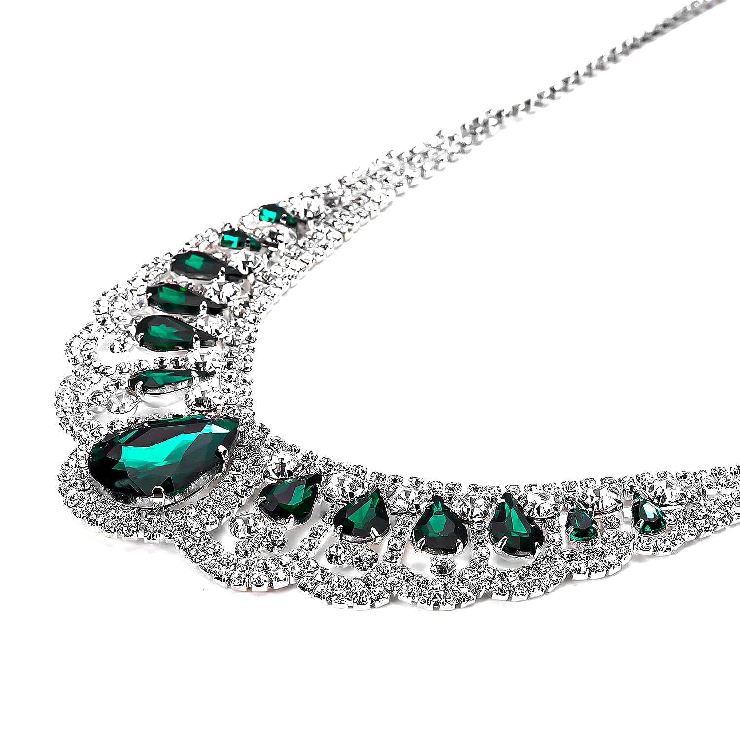 Simulated Green Sapphire and Austrian Crystal Earrings and Necklace 22 Inches in Silvertone