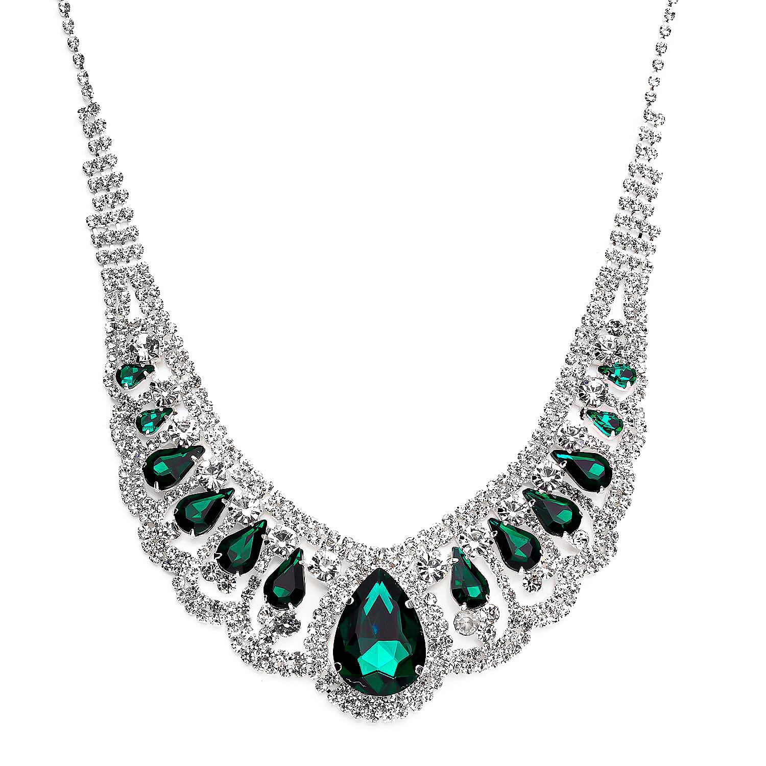 Simulated Green Sapphire and Austrian Crystal Earrings and Necklace 22 Inches in Silvertone