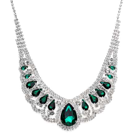 Simulated Green Sapphire and Austrian Crystal Earrings and Necklace 22 Inches in Silvertone image number 4