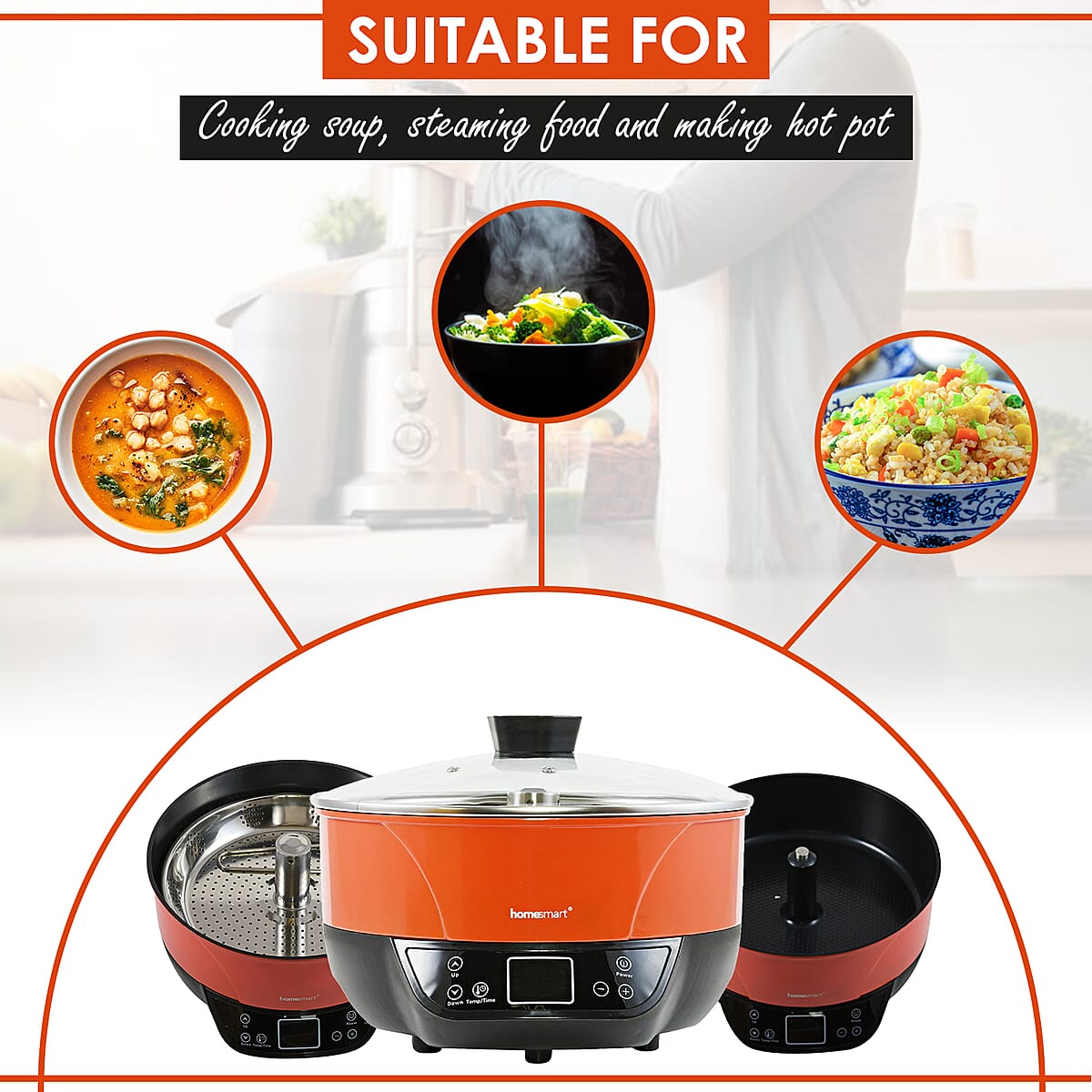 Homesmart Red Multi-function Automatic Lifting Hot Pot (12x3.5) (1200 watts,120v) image number 2