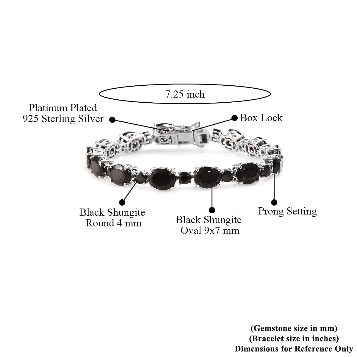 Black Shungite 17.02 ctw Bracelet in Platinum Over Sterling Silver (7.25 In) 13.93 Grams