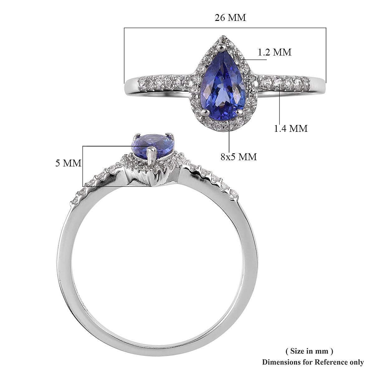 AAA Tanzanite, Natural White Zircon Ring in Platinum Over Sterling Silver (Size 8.0) 1.25 ctw image number 5