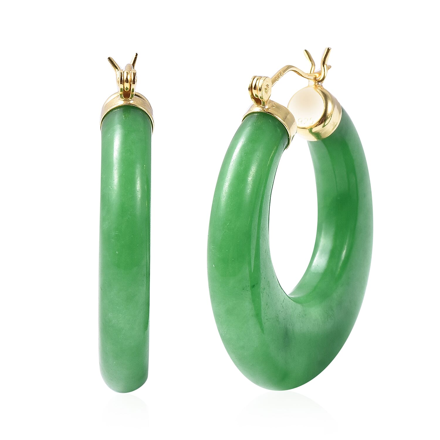 Green Jade (D) Hoop Earrings in 14K Yellow Gold Over Sterling Silver 73.00 ctw