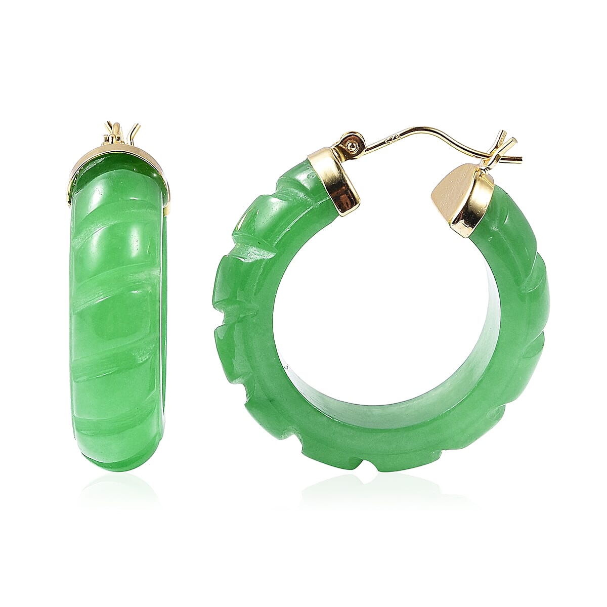 Green Jade Carved (D) Inside Out Hoop Earrings in 14K Yellow Gold Over Sterling Silver 68.50 ctw