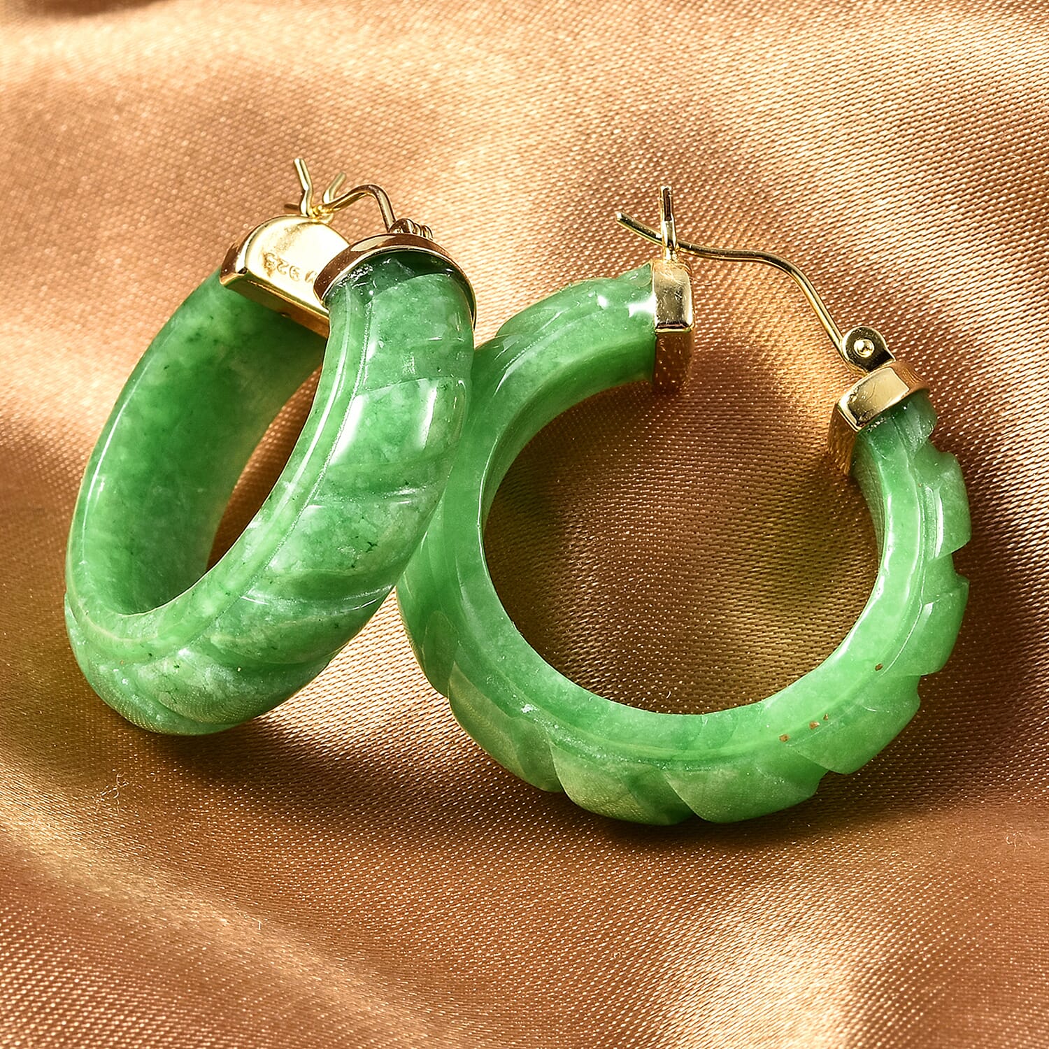 Green Jade Carved (D) Inside Out Hoop Earrings in 14K Yellow Gold Over Sterling Silver 68.50 ctw
