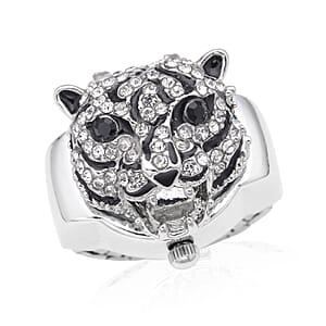 Strada White and Black Austrian Crystal, Enameled Japanese Movement Tiger Head Pattern Ring Watch in Stainless Steel (5.0-7.0In)