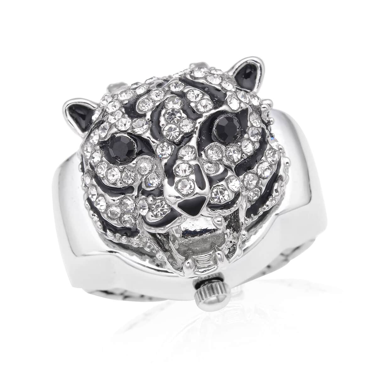 Strada White and Black Austrian Crystal, Enameled Japanese Movement Tiger Head Pattern Ring Watch in Stainless Steel (5.0-7.0In) image number 0
