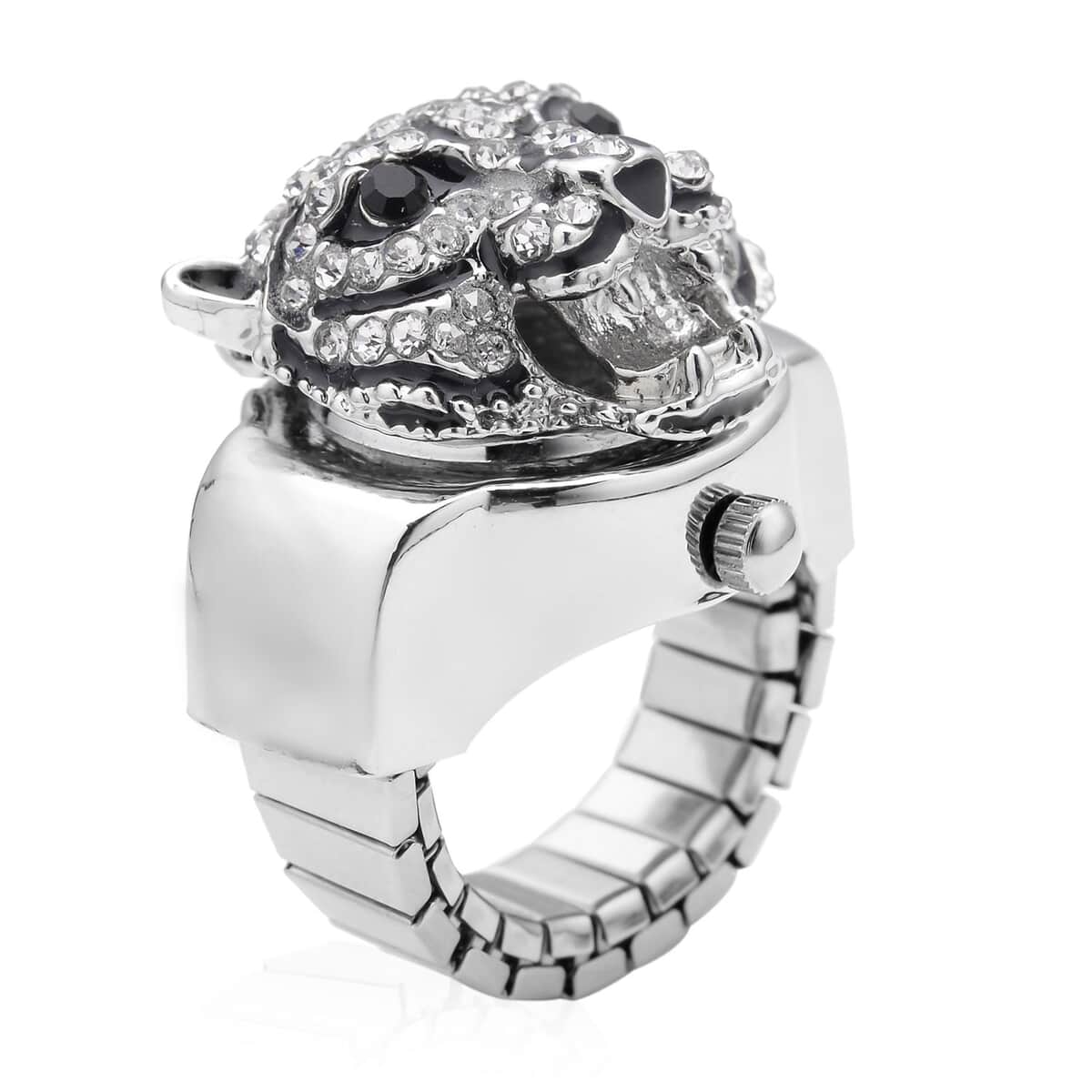 Strada White and Black Austrian Crystal, Enameled Japanese Movement Tiger Head Pattern Ring Watch in Stainless Steel (5.0-7.0In) image number 3
