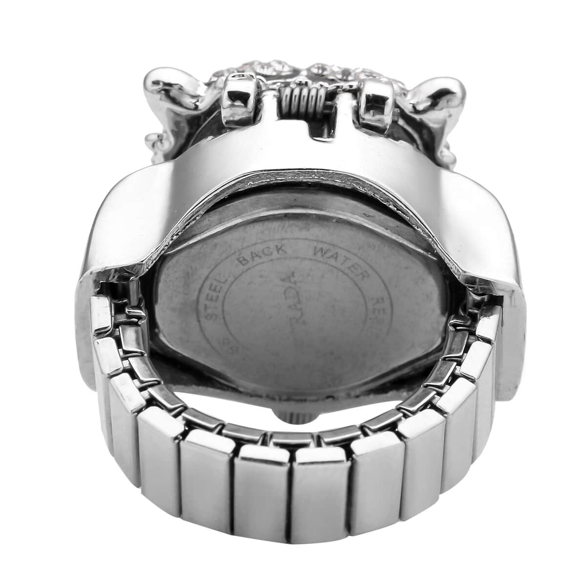Strada White and Black Austrian Crystal, Enameled Japanese Movement Tiger Head Pattern Ring Watch in Stainless Steel (5.0-7.0In) image number 4