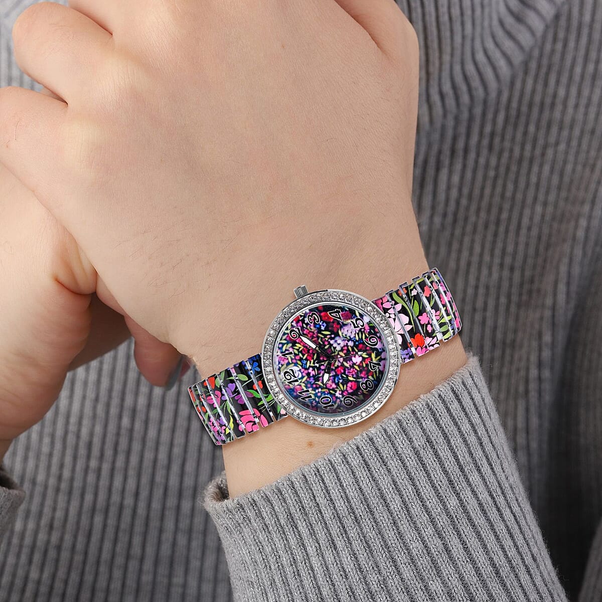 Strada Austrian Crystal Japanese Movement Bangle Watch with Black Background Multi Color Pattern Stainless Steel Strap (40mm) , Designer Bracelet Watch , Analog Luxury Wristwatch image number 2