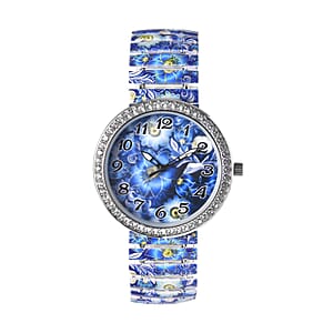 STRADA Austrian Crystal Japanese Movement Bangle Watch with Dark Blue Background Multi Color Flower Pattern Stainless Steel Strap (40mm) | Designer Bracelet Watch | Analog Luxury Wristwatch