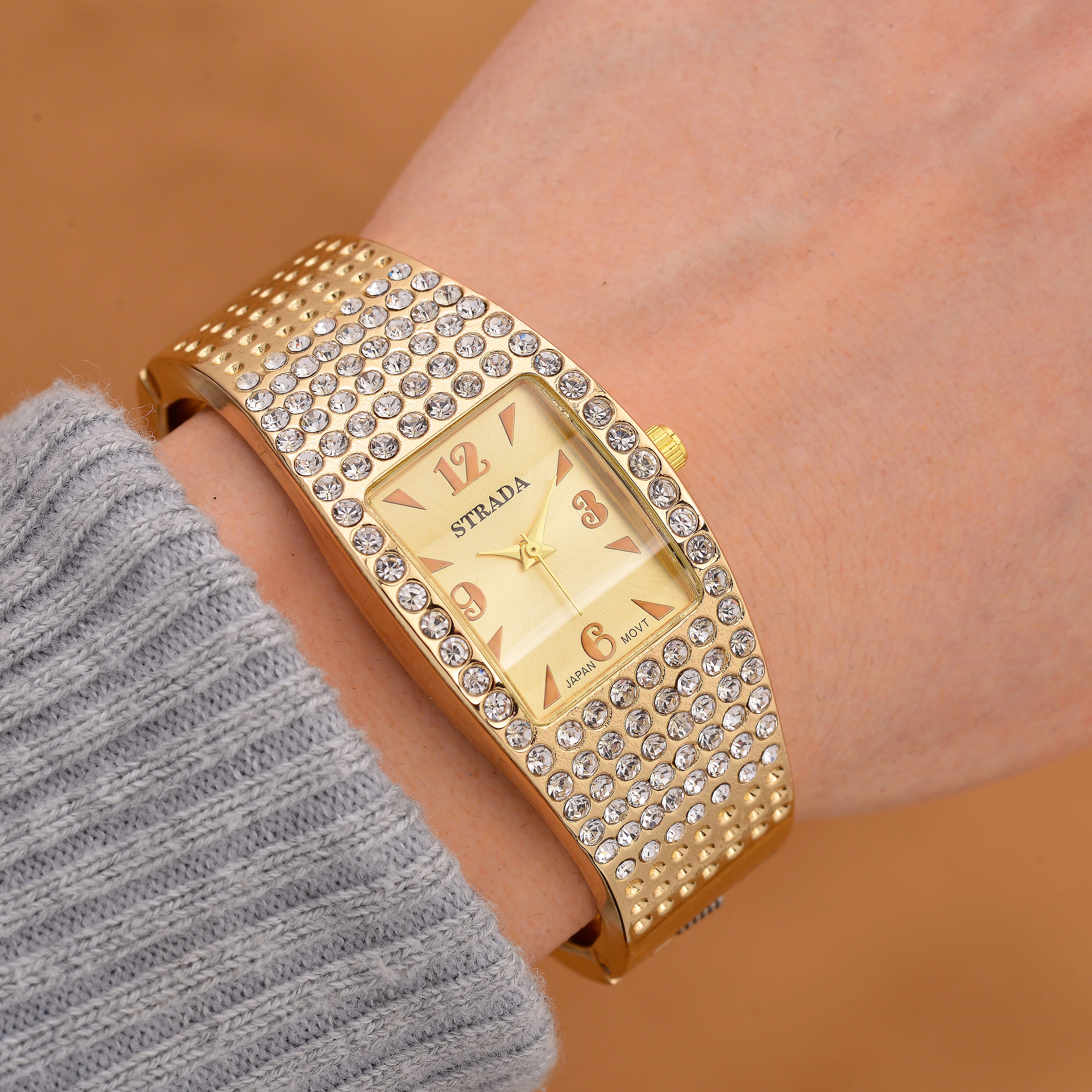 Strada Austrian Crystal Japanese Movement Bangle Watch in Goldtone and Stainless Steel Back