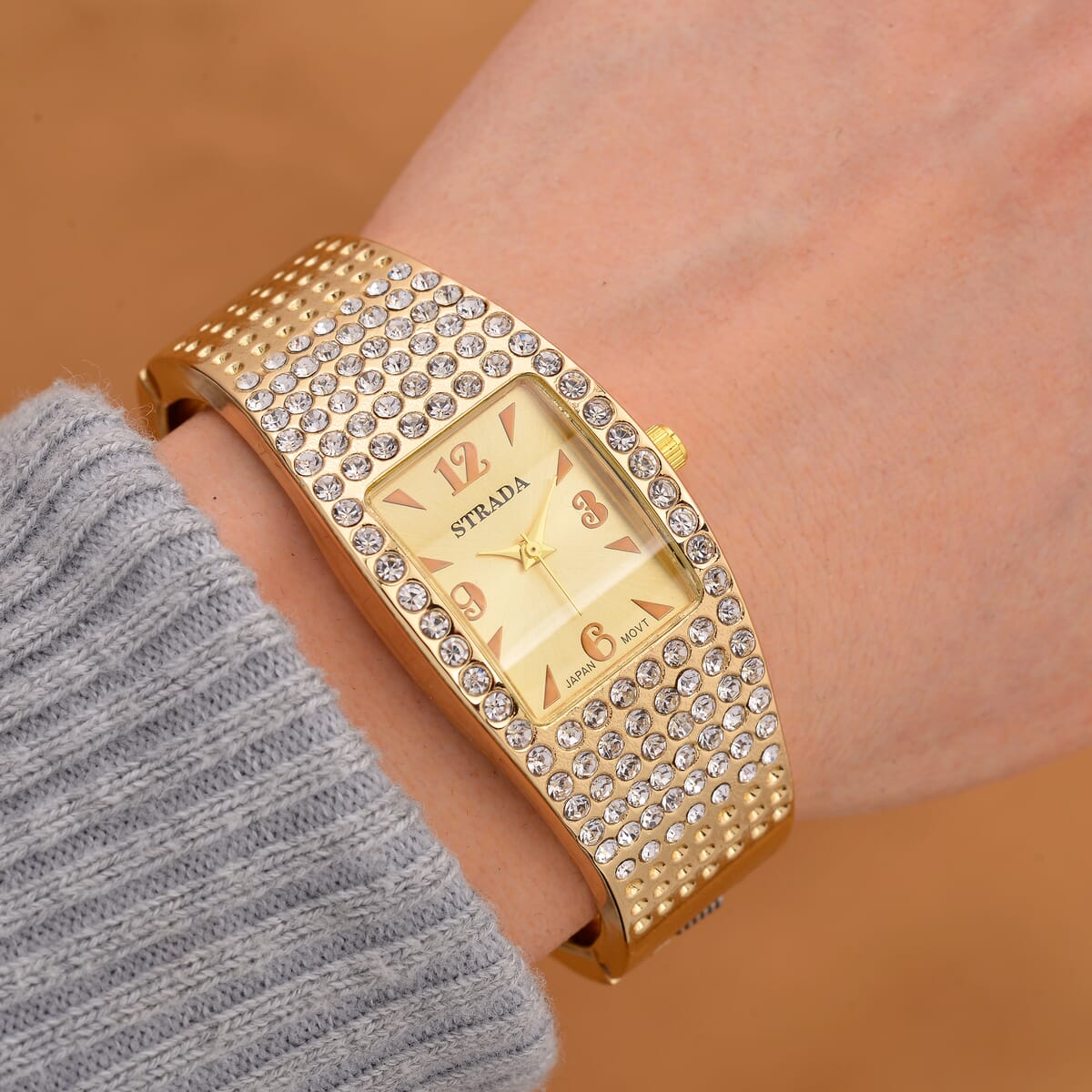 Strada Austrian Crystal Japanese Movement Bangle Watch in Goldtone and Stainless Steel Back image number 1