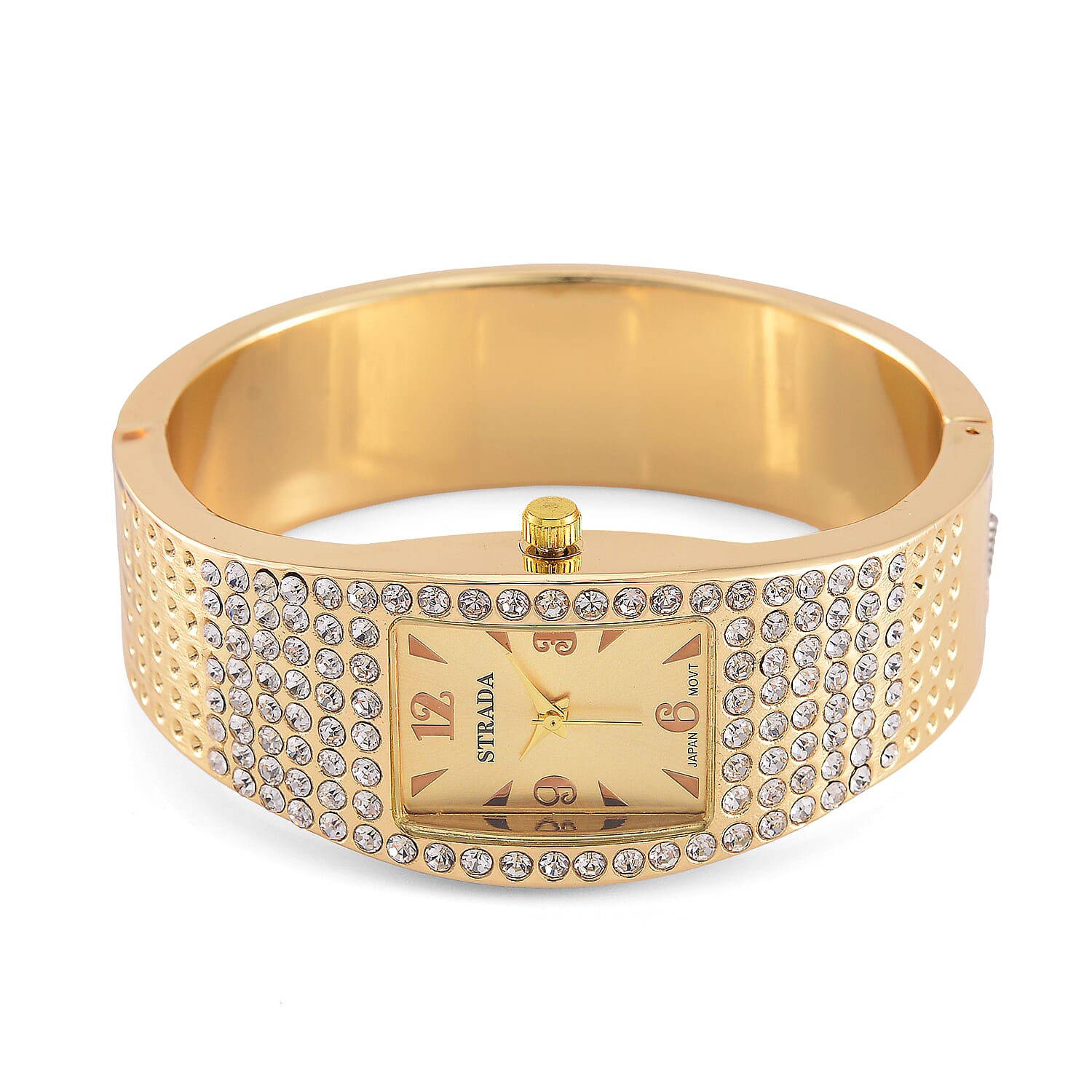 Strada Austrian Crystal Japanese Movement Bangle Watch in Goldtone and Stainless Steel Back