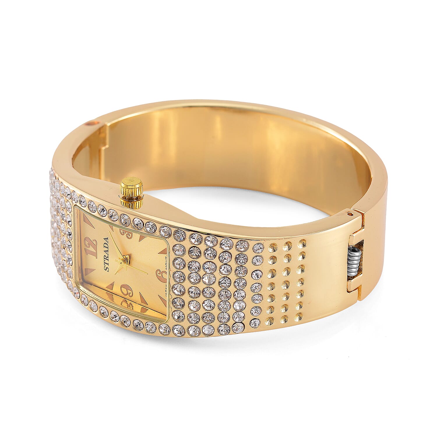 Strada Austrian Crystal Japanese Movement Bangle Watch in Goldtone and Stainless Steel Back