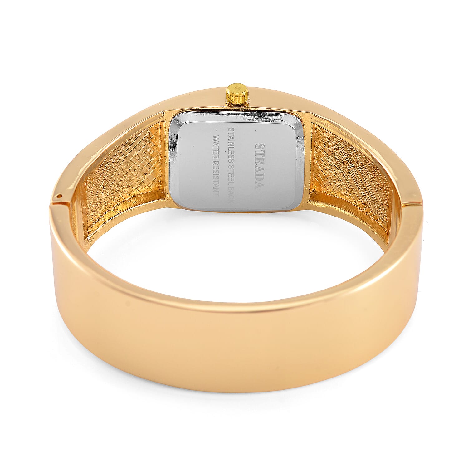 Strada Austrian Crystal Japanese Movement Bangle Watch in Goldtone and Stainless Steel Back