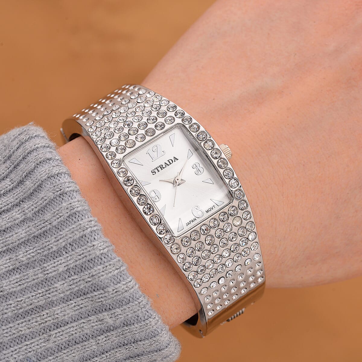 STRADA Austrian Crystal Japanese Movement Bangle Watch in Silvertone and Stainless Steel Back image number 1