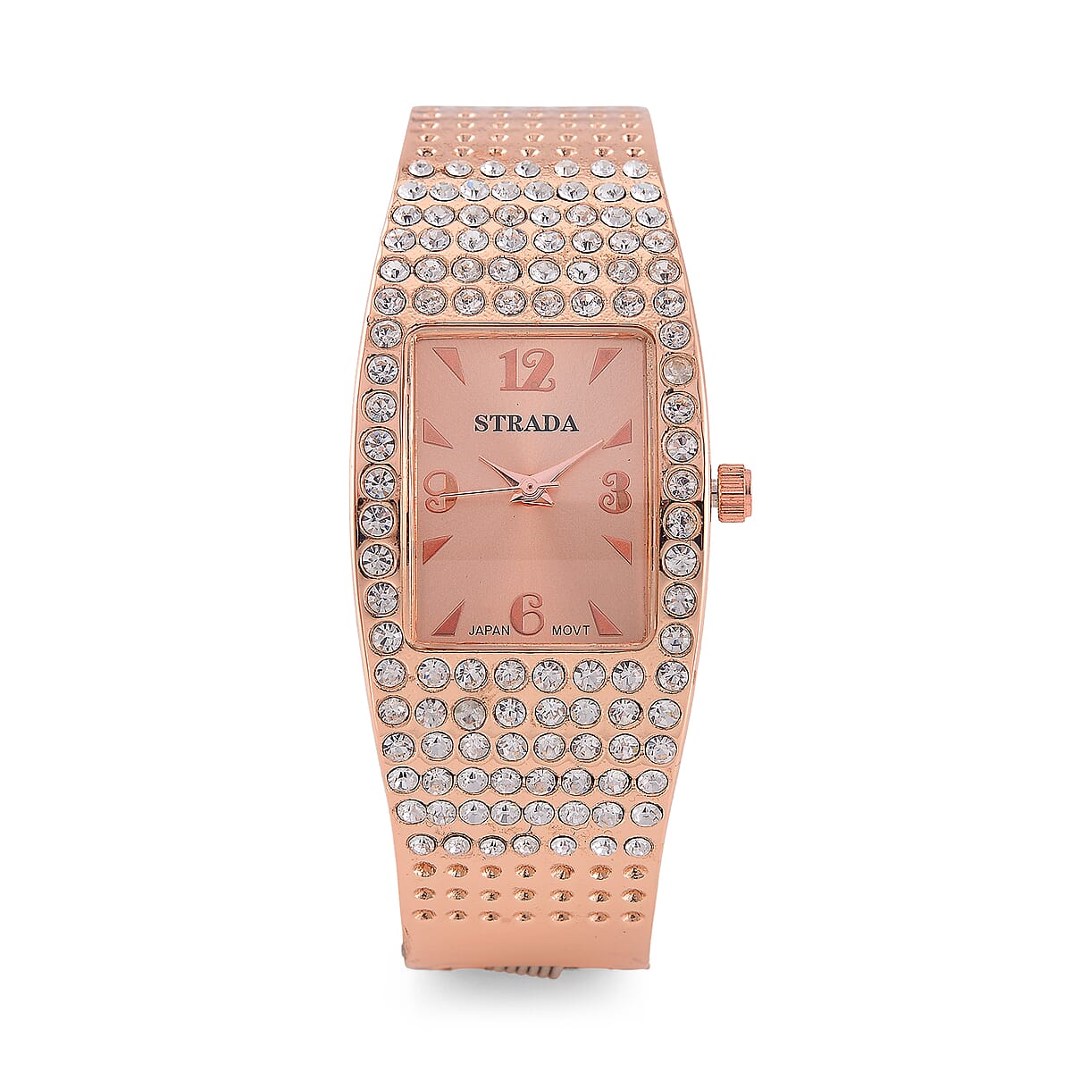 Strada Austrian Crystal Japanese Movement Bangle Watch in Rosetone and Stainless Steel Back image number 0