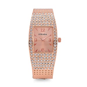 Strada Austrian Crystal Japanese Movement Bangle Watch in Rosetone and Stainless Steel Back