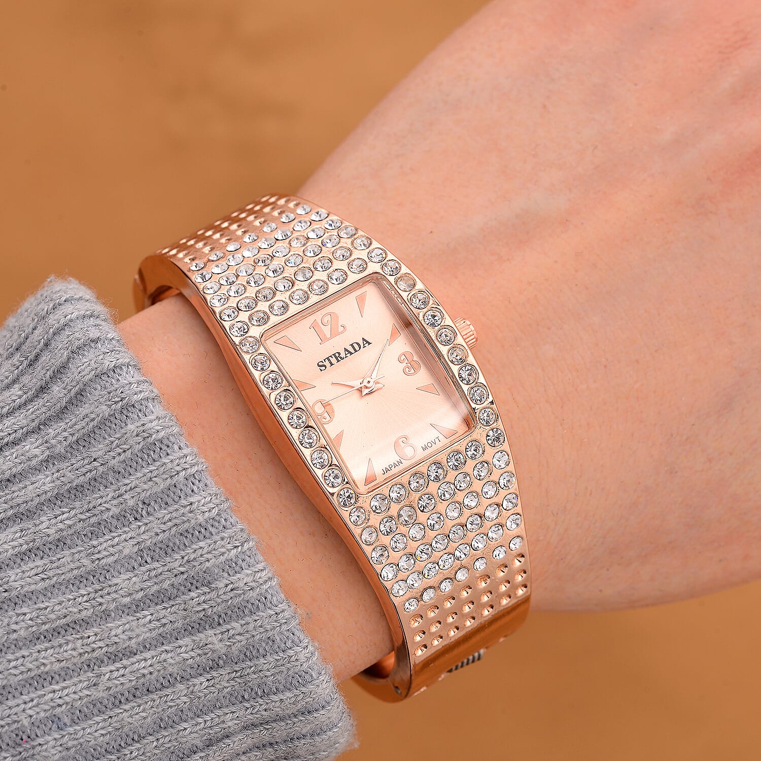Strada Austrian Crystal Japanese Movement Bangle Watch in Rosetone and Stainless Steel Back