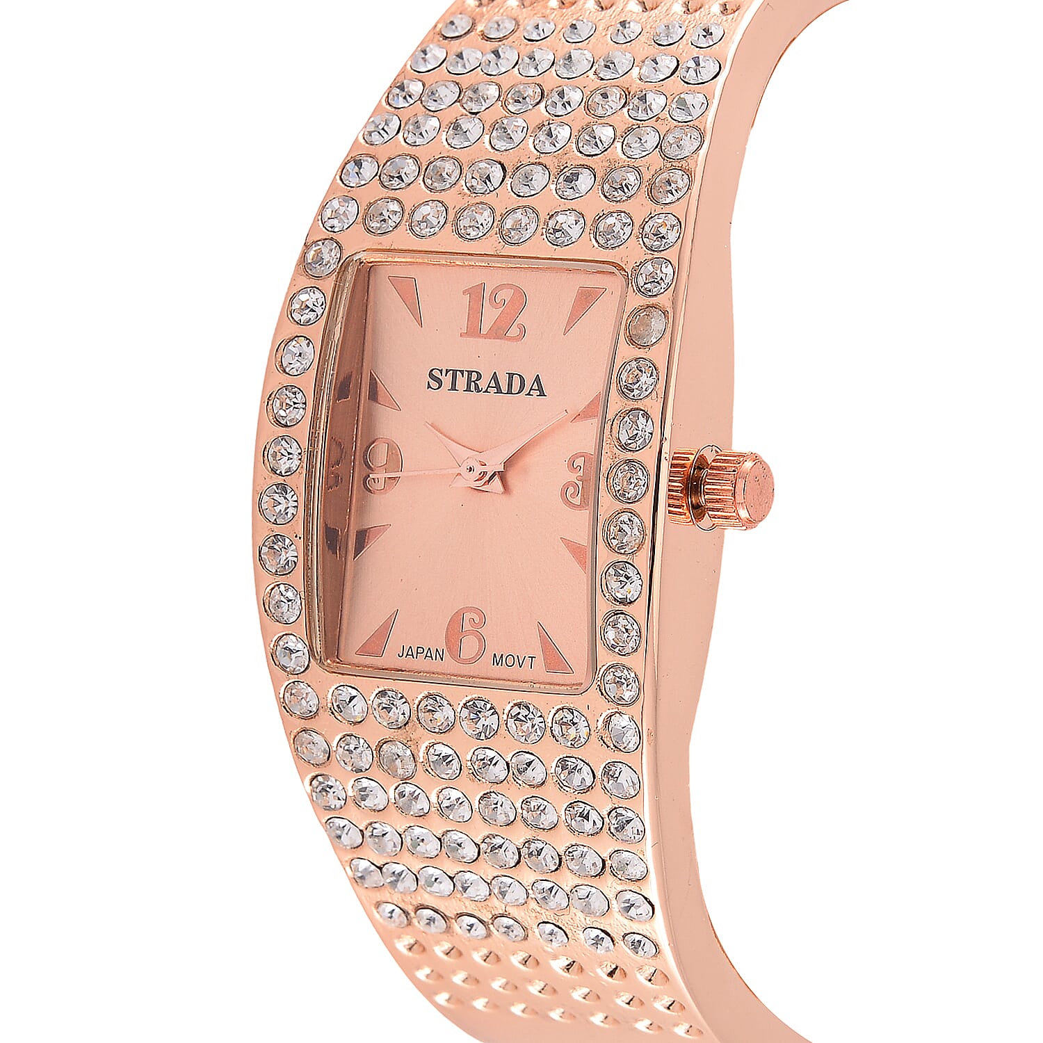 Strada Austrian Crystal Japanese Movement Bangle Watch in Rosetone and Stainless Steel Back