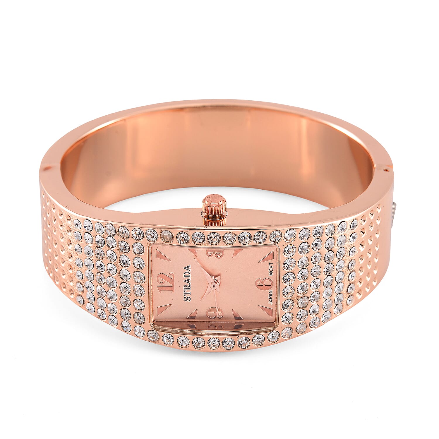 Strada Austrian Crystal Japanese Movement Bangle Watch in Rosetone and Stainless Steel Back