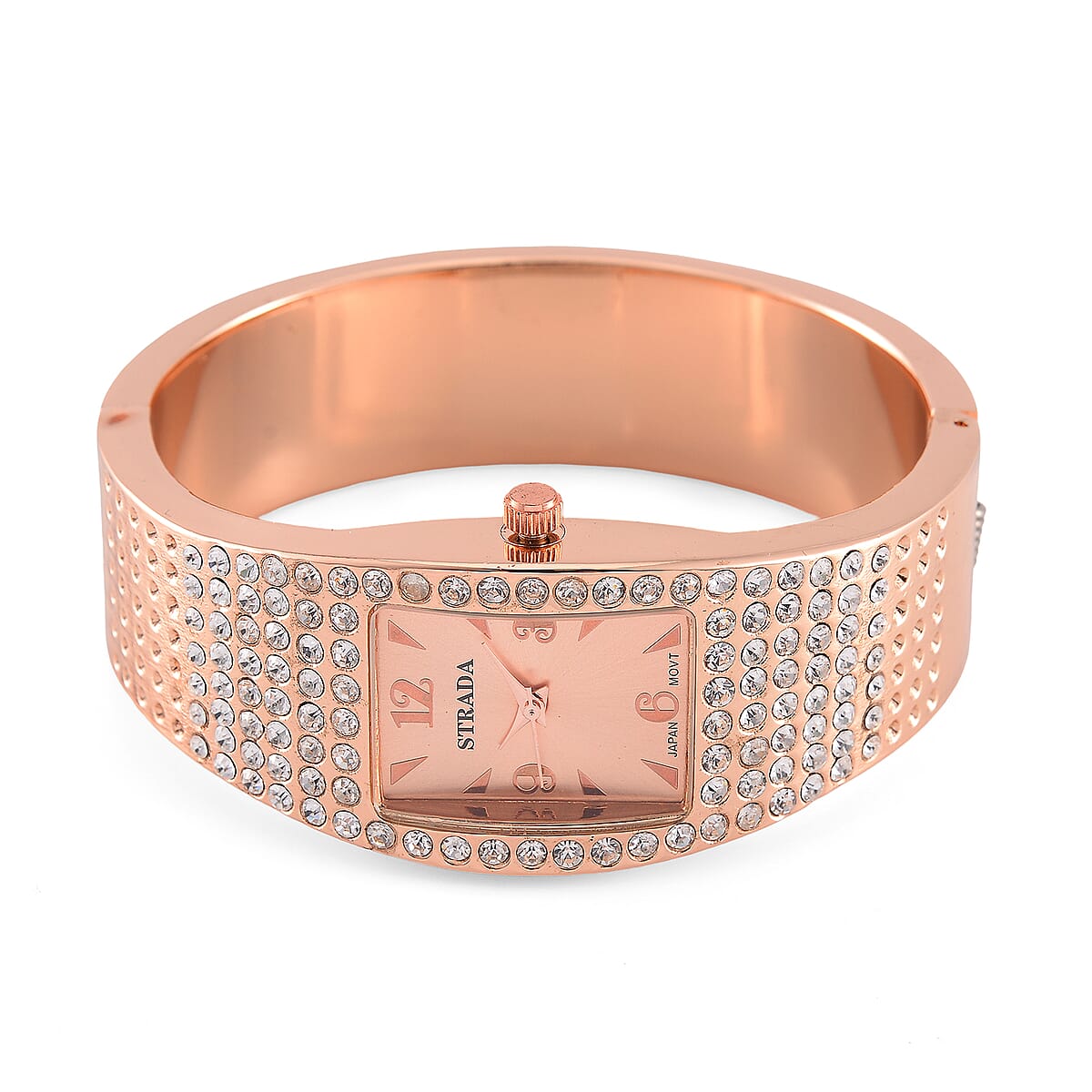 Strada Austrian Crystal Japanese Movement Bangle Watch in Rosetone and Stainless Steel Back image number 3