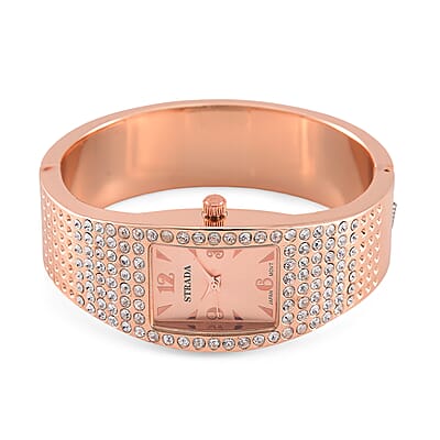 Strada Austrian Crystal Japanese Movement Bangle Watch in Rosetone and Stainless Steel Back