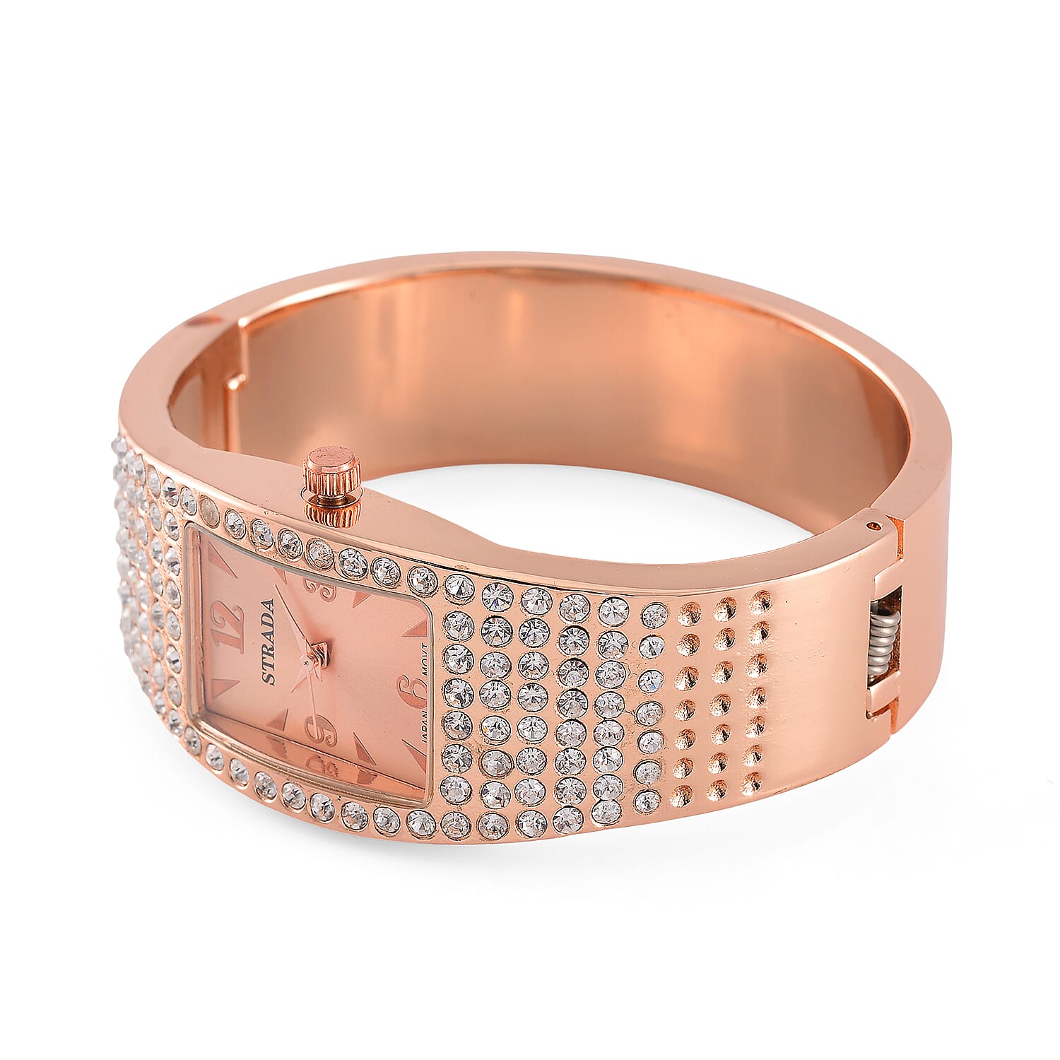 Strada Austrian Crystal Japanese Movement Bangle Watch in Rosetone and Stainless Steel Back