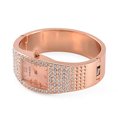 Strada Austrian Crystal Japanese Movement Bangle Watch in Rosetone and Stainless Steel Back