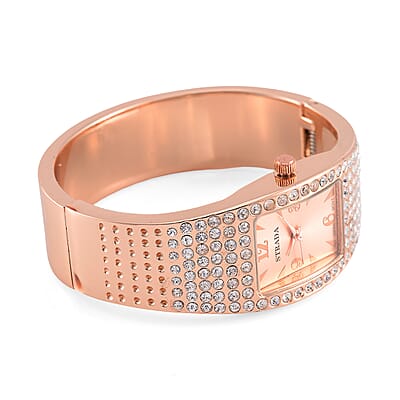 Strada Austrian Crystal Japanese Movement Bangle Watch in Rosetone and Stainless Steel Back