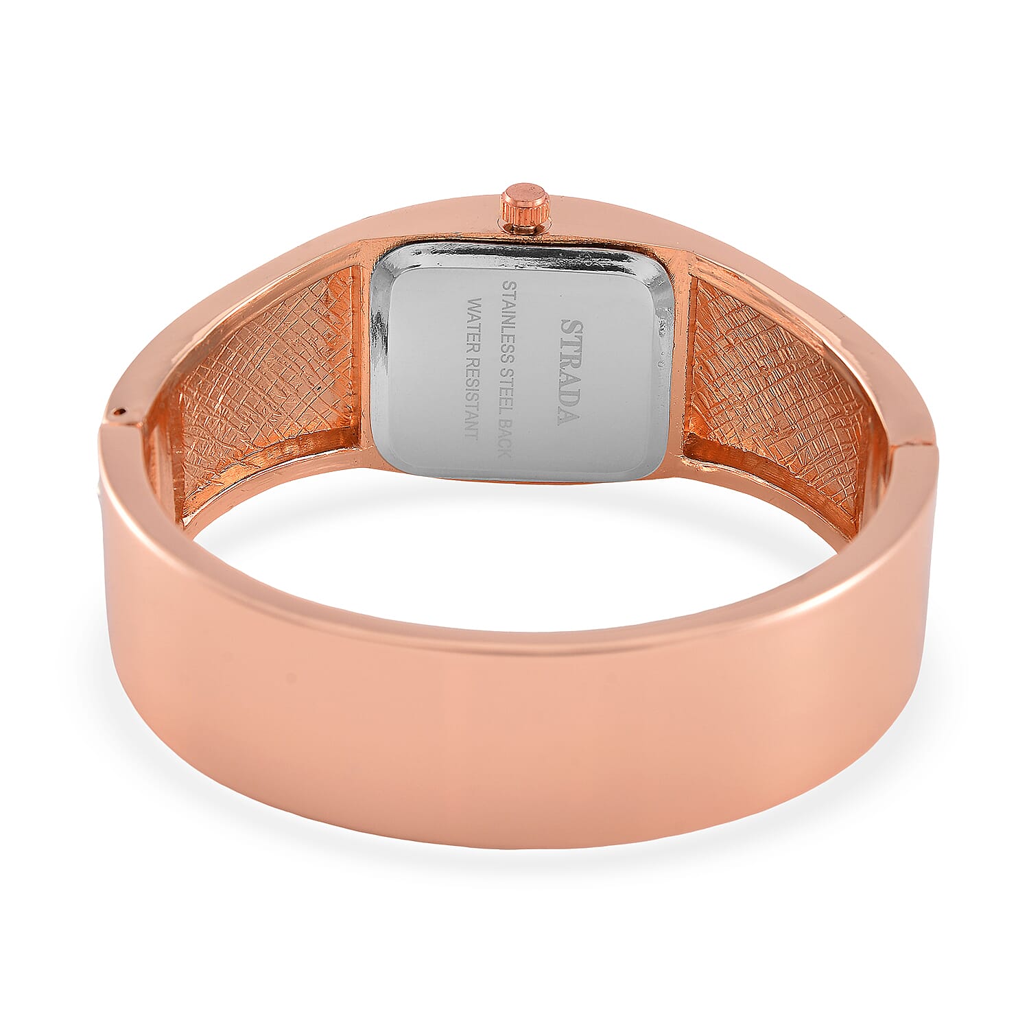 Strada Austrian Crystal Japanese Movement Bangle Watch in Rosetone and Stainless Steel Back