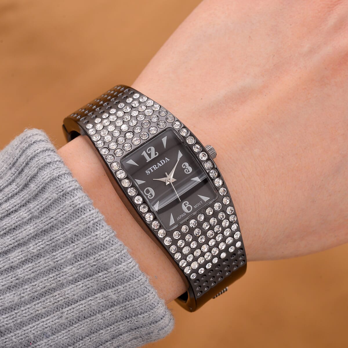 Strada Austrian Crystal Japanese Movement Bangle Watch in Dark Silvertone and Stainless Steel Back image number 1