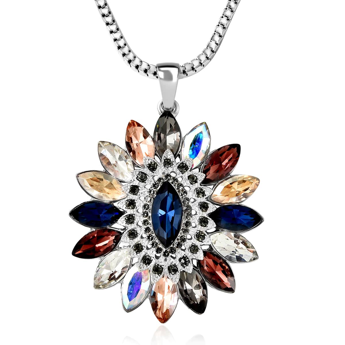 Gray Austrian Crystal and Simulated Multi Gemstone Flower Cluster Pendant Necklace 28 Inch in Silvertone image number 0