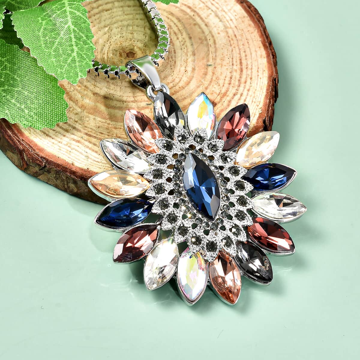 Multi Color Austrian Crystal Flower Cluster Pendant Necklace 29-32 Inches in Silvertone image number 1