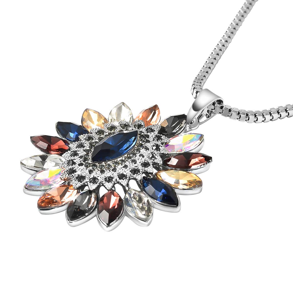 Multi Color Austrian Crystal Flower Cluster Pendant Necklace 29-32 Inches in Silvertone image number 3