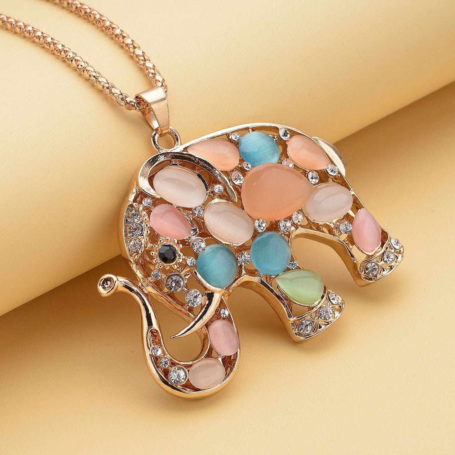 Black and White Austrian Crystal and Multi Color Simulated Cats Eye Elephant Pendant Necklace 28 Inches in Goldtone