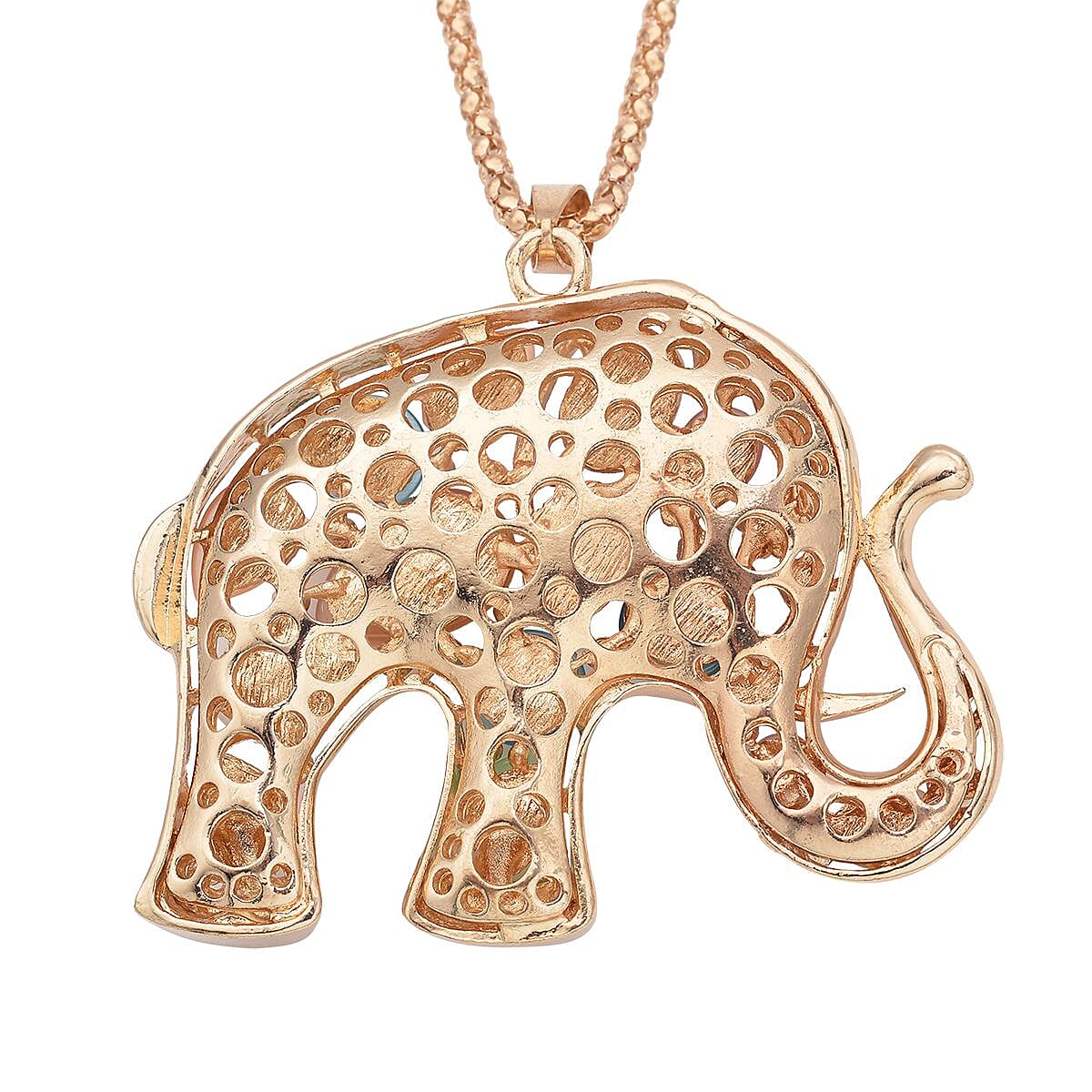 Black and White Austrian Crystal and Multi Color Simulated Cats Eye Elephant Pendant Necklace 28 Inches in Goldtone