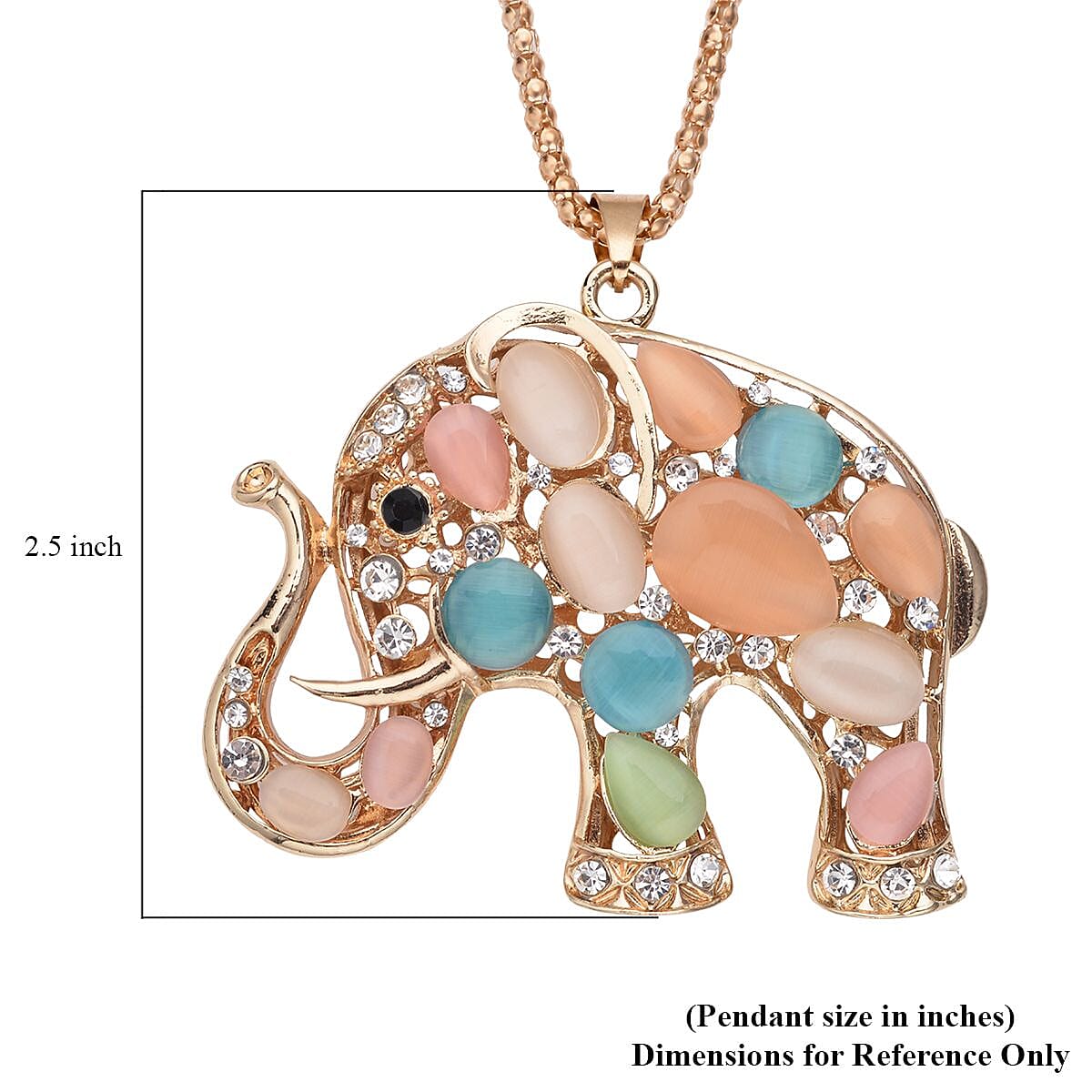 Black and White Austrian Crystal and Multi Color Simulated Cats Eye Elephant Pendant Necklace 28 Inches in Goldtone