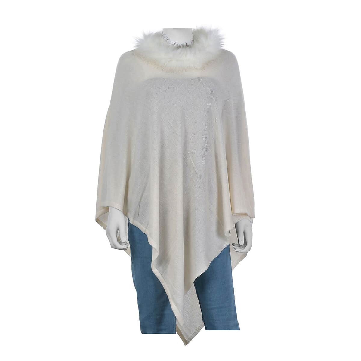 Off White Pashmina Wool Poncho with Faux Fur Collar (One Size Fits Most, Cashmere) image number 0