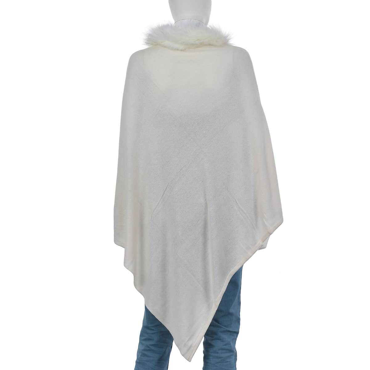 Off White Pashmina Wool Poncho with Faux Fur Collar (One Size Fits Most, Cashmere) image number 1