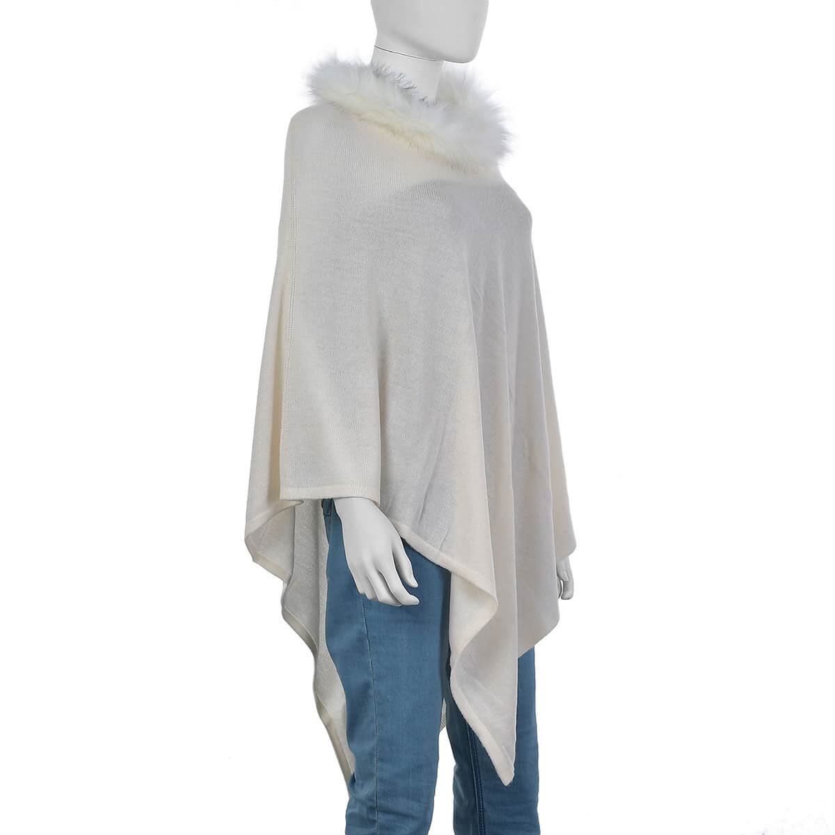 Off White Pashmina Wool Poncho with Faux Fur Collar (One Size Fits Most, Cashmere) image number 2