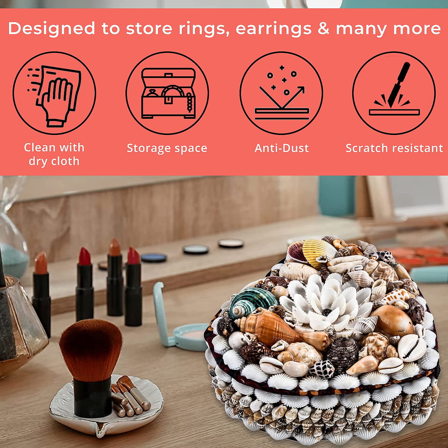 Multi Color Sea Shell Encrusted Heart Shaped Jewelry Box