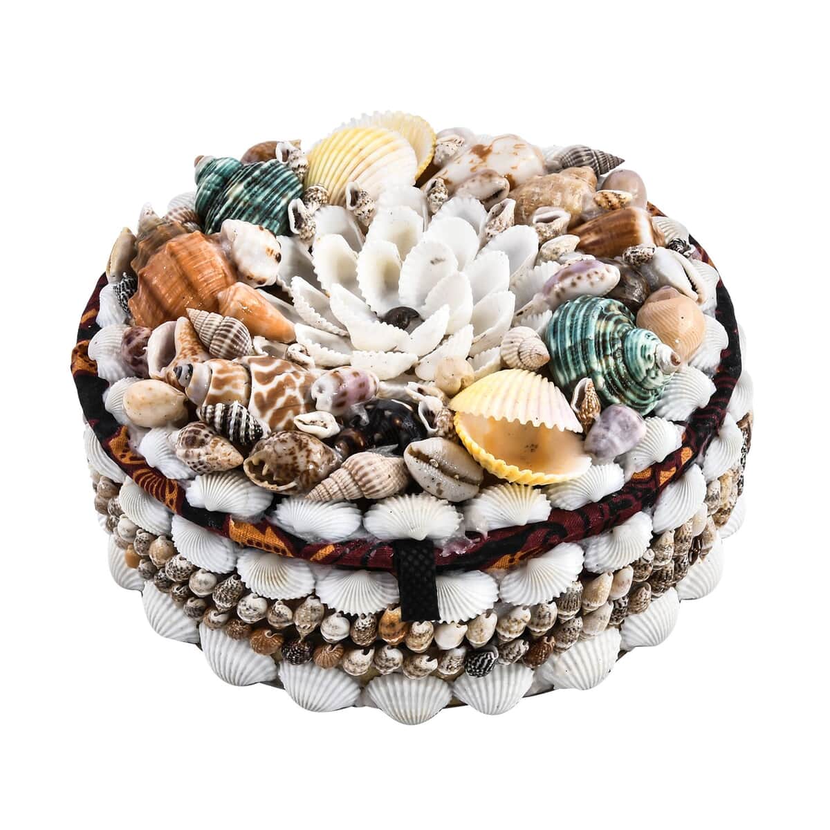 Multi Color Sea Shell Encrusted Round Shaped Jewelry Box image number 0