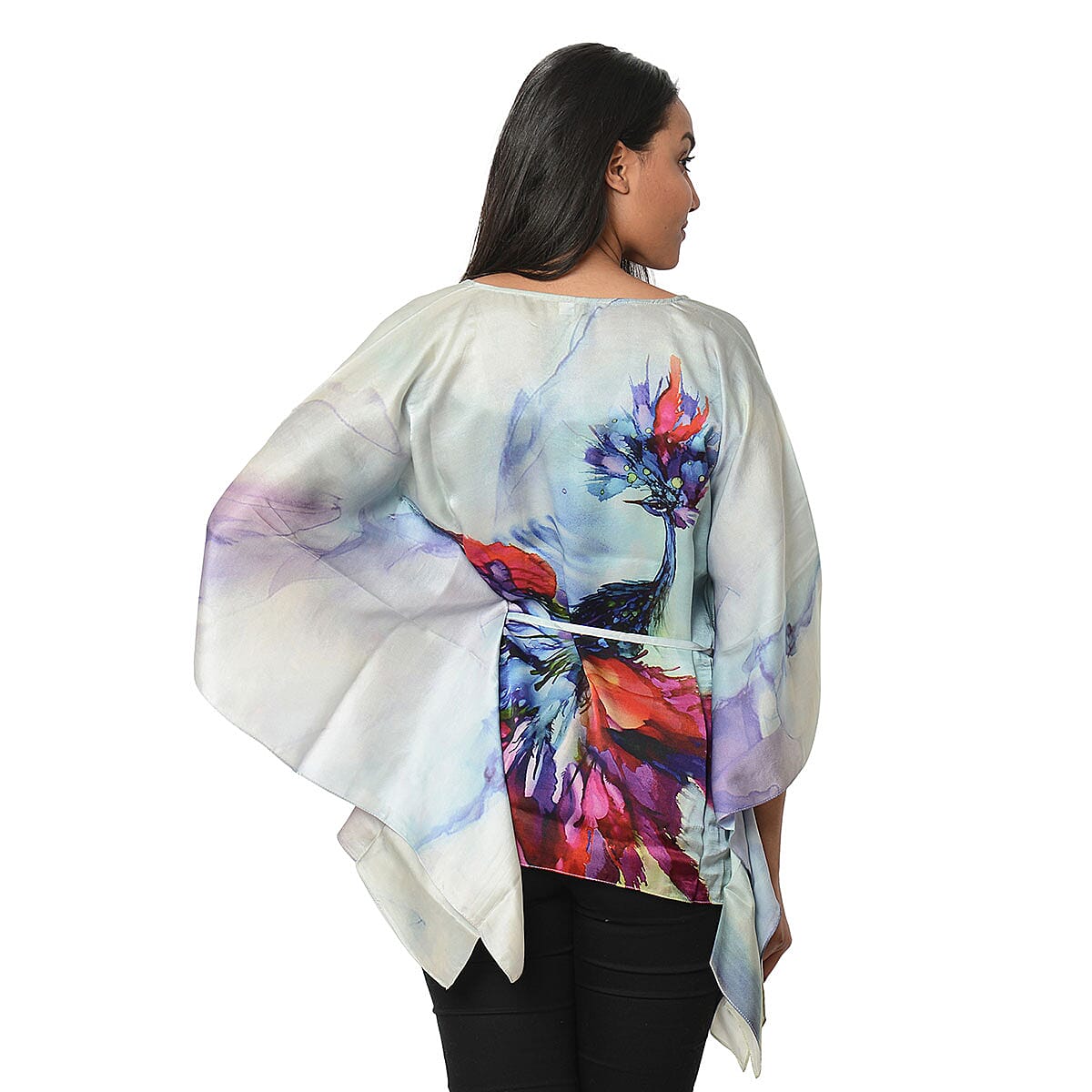 100% Mulberry Silk Blue Peacock Digitally Printed Kaftan with Waist Belt (XXL/XXXL) image number 1