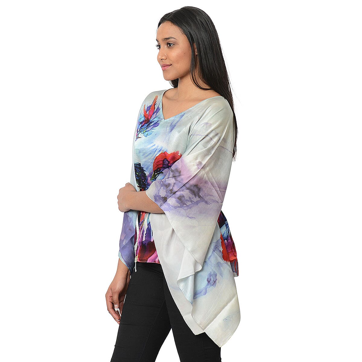 100% Mulberry Silk Blue Peacock Digitally Printed Kaftan with Waist Belt (XXL/XXXL) image number 2