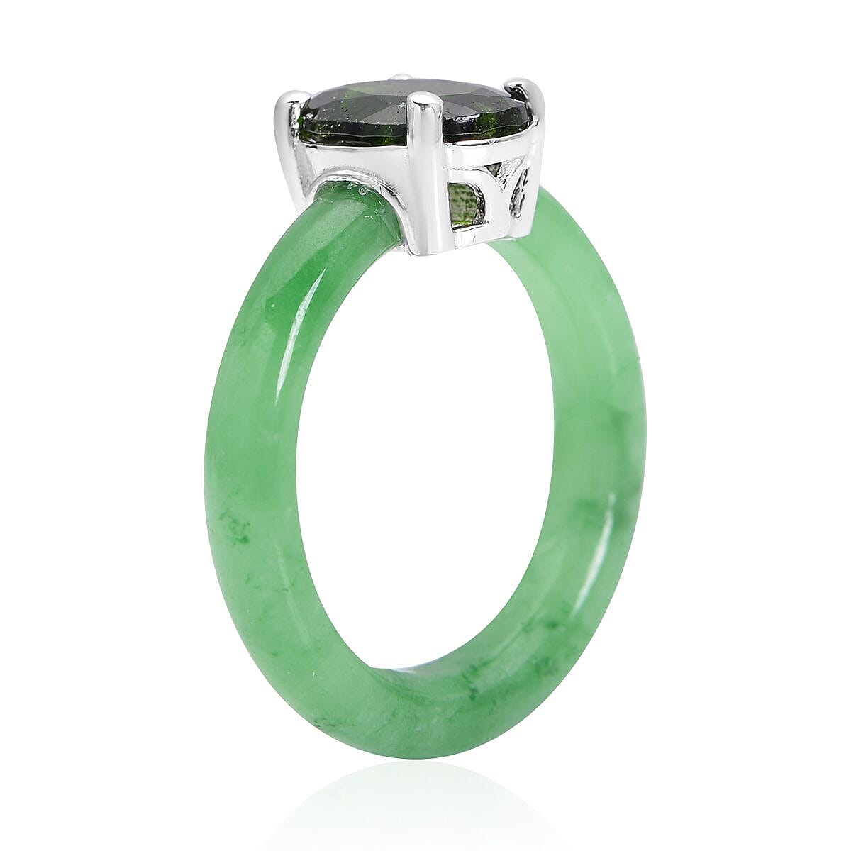 Natural Chrome Diopside and Green Jade Band Solitaire Ring in Rhodium Over Sterling Silver (Size 6.0) 11.00 ctw image number 3