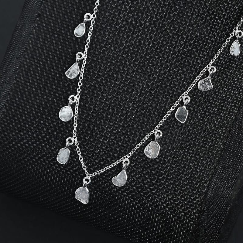 Polki Diamond Drop Station Necklace 18-20 Inches in Platinum Over Sterling Silver 2.00 ctw